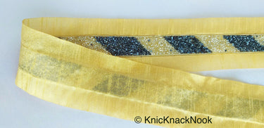 Beige Fabric Trim With Silver And Metallic Grey Bugle Beads Embellishments, Beaded Trim,